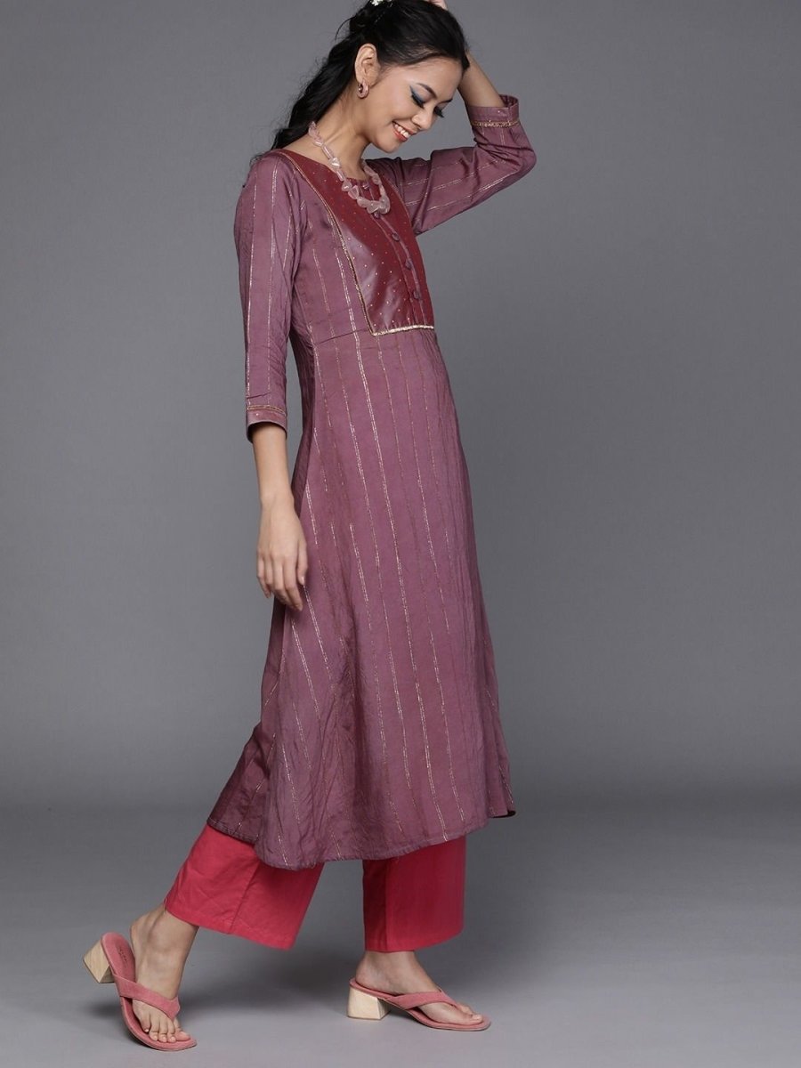 Pink Silk Blend Striped Kurta - Inddus.com