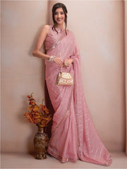 Pink & Silver-Toned Striped Sequinned Organza Saree - Inddus.com