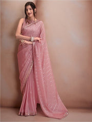 Pink & Silver-Toned Striped Sequinned Organza Saree - Inddus.com