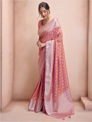 Pink & Silver-Toned Woven Design Zari Tissue Kanjeevaram Saree - Inddus.com