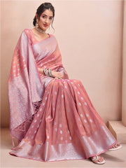 Pink & Silver-Toned Woven Design Zari Tissue Kanjeevaram Saree - Inddus.com