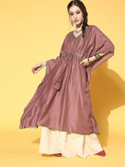 Pink Solid Anarkali Kurta with Embroidered Dupatta and Belt - inddus-us