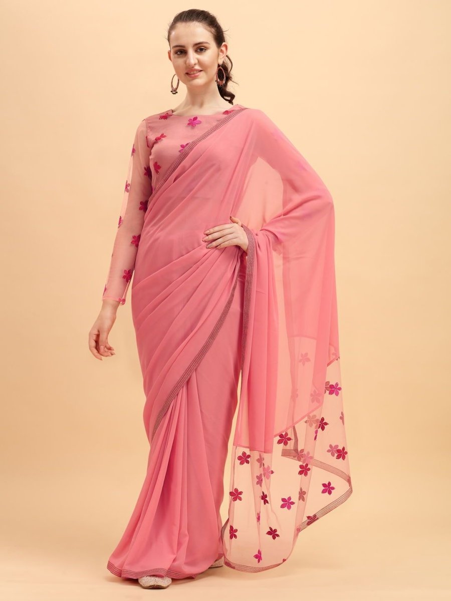 Pink Solid Embroidered Saree With Net Embroidered Blouse - inddus-us