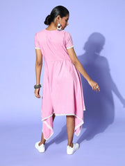 Pink Solid High-Low Silhoutte Dress - Inddus.com