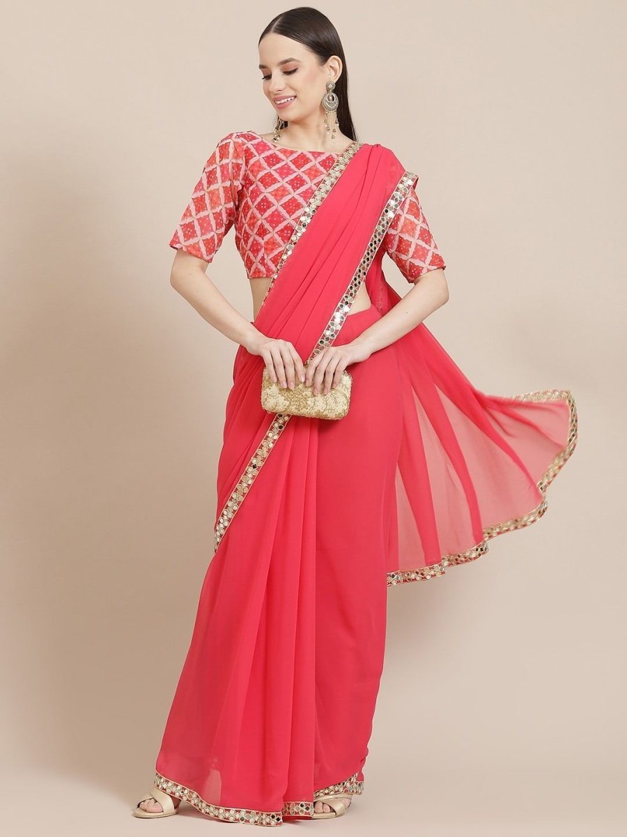 Pink Solid Mirror Laced Border Saree - Inddus.com