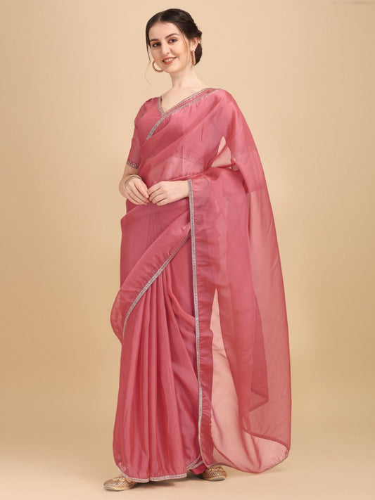 Pink Solid Organza With Embroidered Border Saree - Inddus.com
