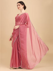 Pink Solid Organza With Embroidered Border Saree - Inddus.com