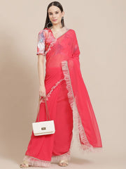 Pink Solid Ruffled Saree with Blouse - Inddus.com