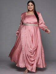 Pink Solid Satin Maxi Gown with Draped Dupatta - Inddus.com