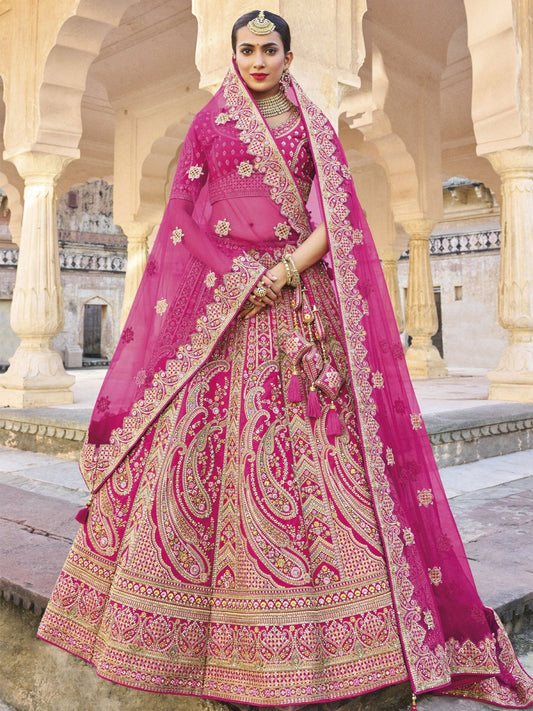 Pink Velvet Embroidered Lehenga Choli - Inddus.com