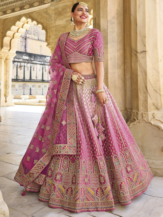 Pink Velvet Embroidered Lehenga Choli - Inddus.com