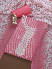 Pink & White Embroidered Linen Unstitched Dress Material - Inddus.com