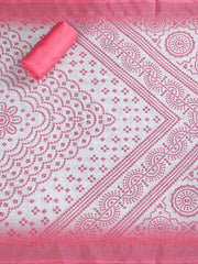 Pink & White Embroidered Linen Unstitched Dress Material - Inddus.com