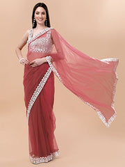 Pink & White Embroidered Net Saree - Inddus.com