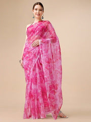 Pink & White Floral Printed Organza Saree - Inddus.com