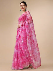 Pink & White Floral Printed Organza Saree - Inddus.com
