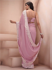 Pink & White Floral Sequinned Poly Georgette Saree - Inddus.com