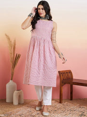 Pink & white Striped A-Line Kurta with Trousers - Inddus.com