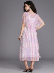 Pink & White Striped Chiffon Ethnic Kaftan Midi Dress - Inddus.com
