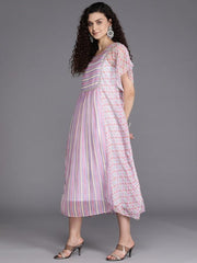 Pink & White Striped Chiffon Ethnic Kaftan Midi Dress - Inddus.com