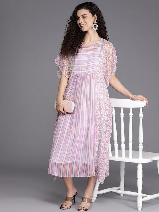Pink & White Striped Chiffon Ethnic Kaftan Midi Dress - Inddus.com