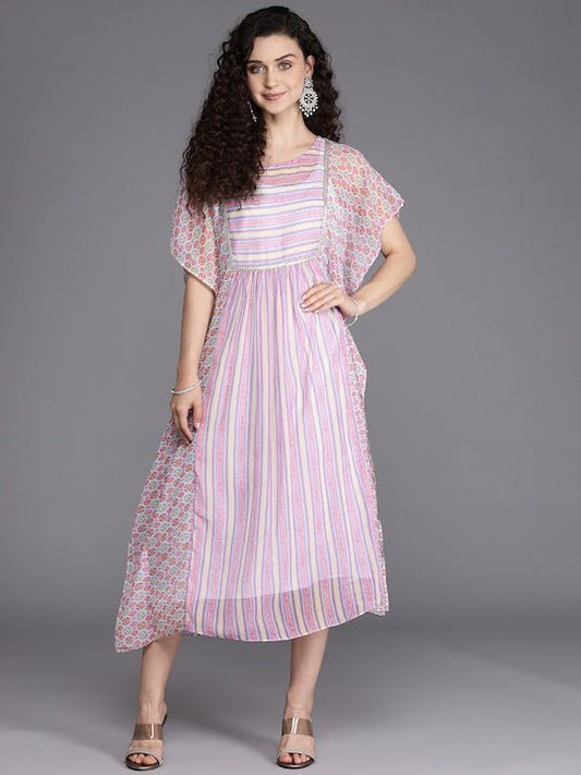 Pink & White Striped Chiffon Ethnic Kaftan Midi Dress - Inddus.com