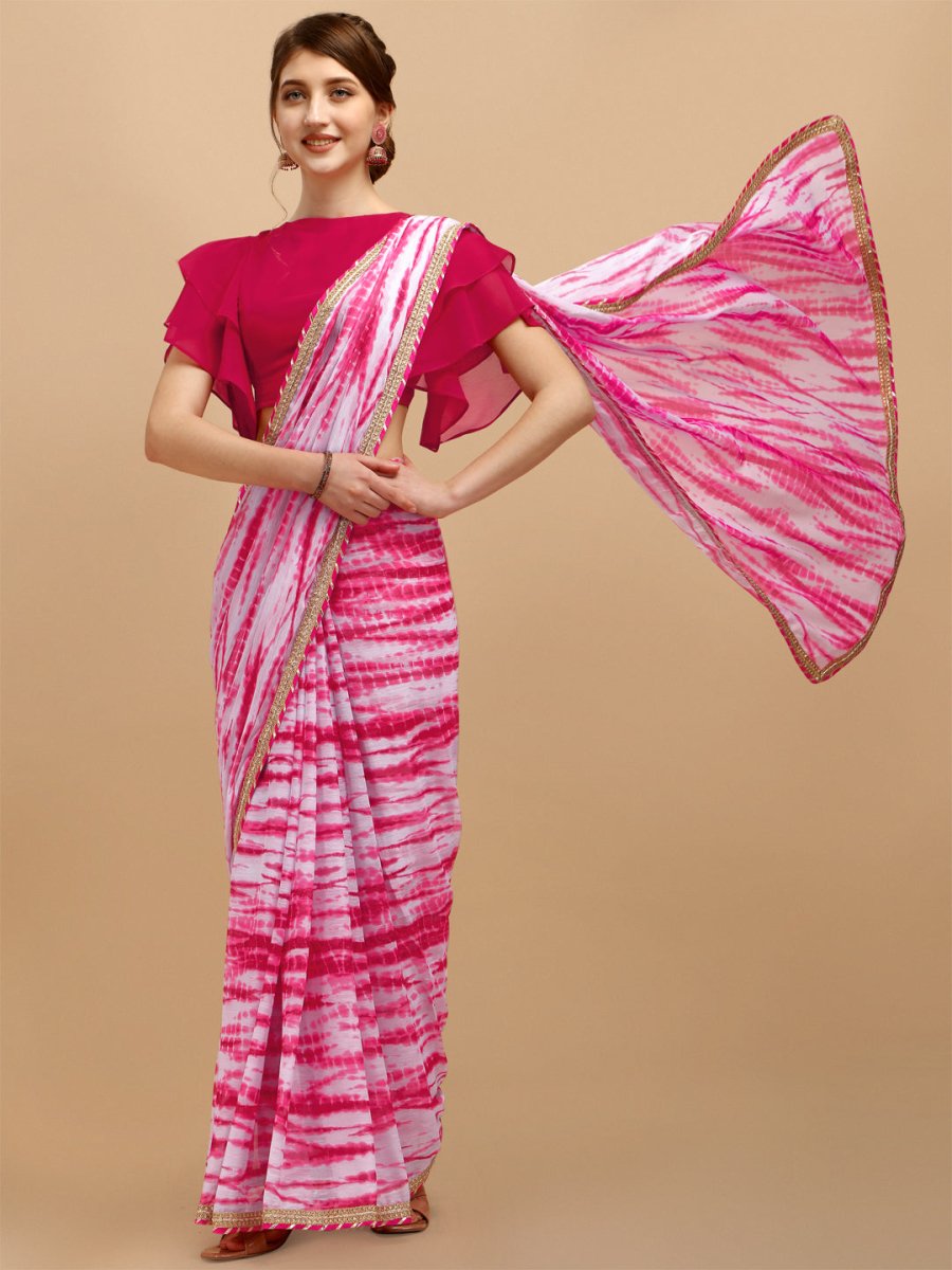 Pink & White Tie and Dye Saree - Inddus.com