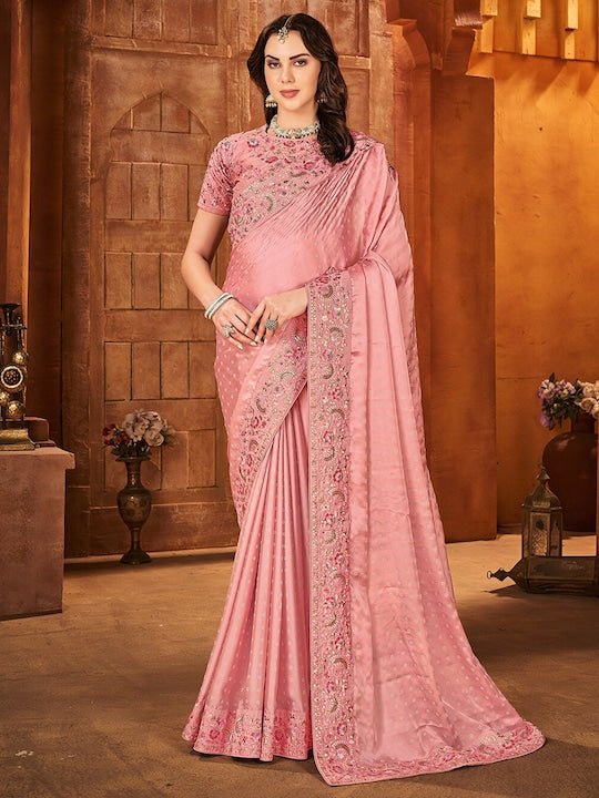 Pink Women Embellished Sequinned Embroidered Satin Saree - Inddus.com