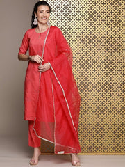 Pink Women Embroidered Regular Mirror Work Kurta with Trousers & With Dupatta - Inddus.com