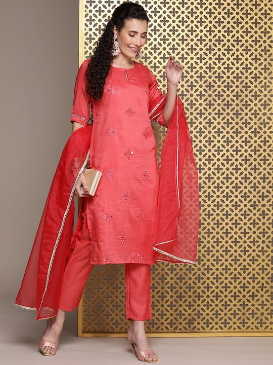 Pink Women Embroidered Regular Mirror Work Kurta with Trousers & With Dupatta - Inddus.com