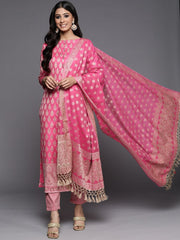 Pink Woven Design Banarasi Cotton Unstitched Dress Material - Inddus.com