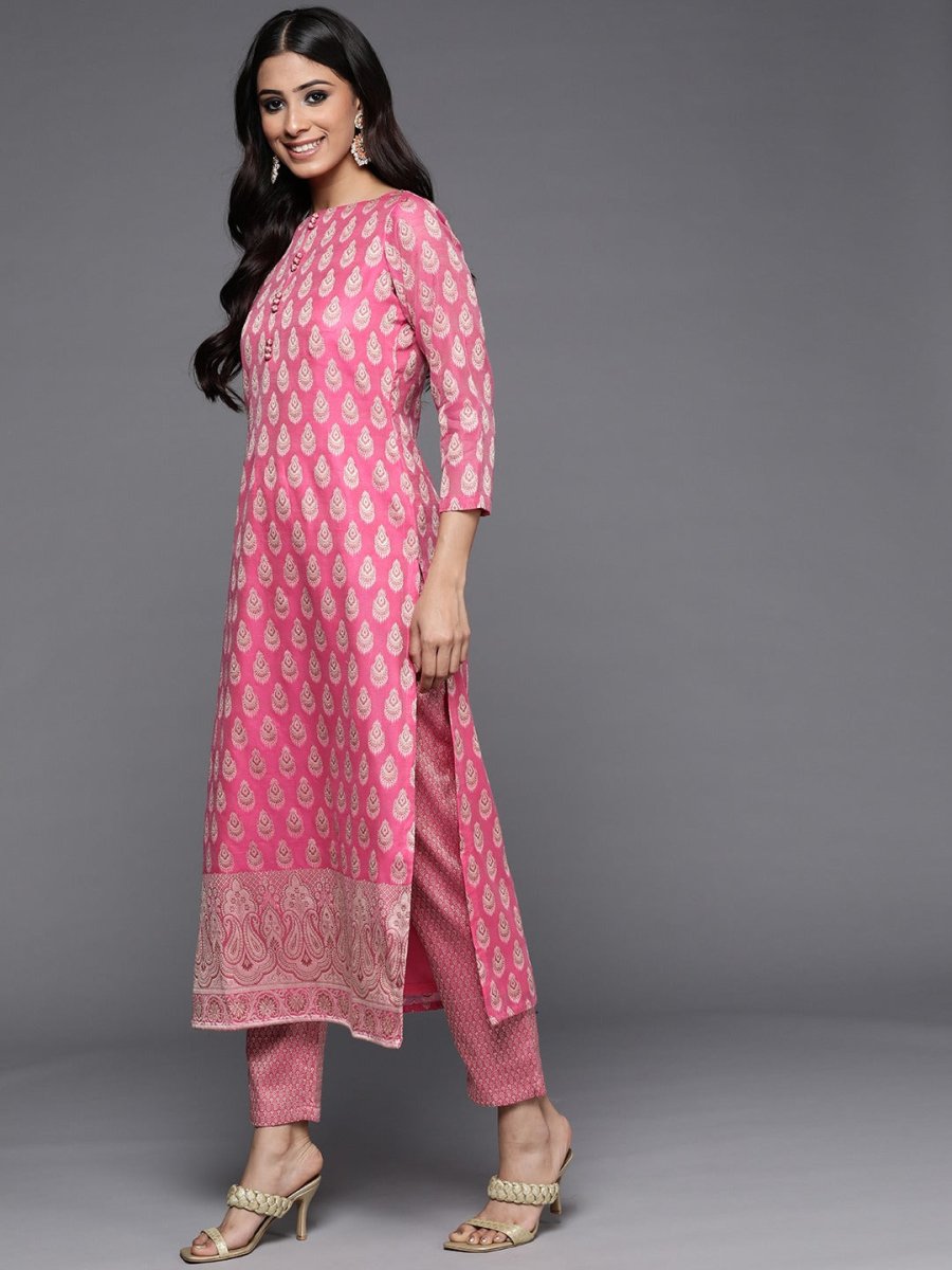 Pink Woven Design Banarasi Cotton Unstitched Dress Material - Inddus.com