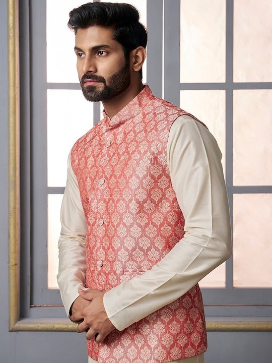 Pink Woven-Design Mandarin Collar Nehru Jacket - Inddus.com