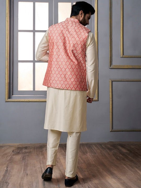 Pink Woven-Design Mandarin Collar Nehru Jacket - Inddus.com