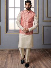 Pink Woven-Design Mandarin Collar Nehru Jacket - Inddus.com
