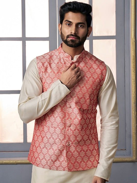 Pink Woven-Design Mandarin Collar Nehru Jacket - Inddus.com