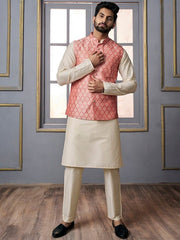 Pink Woven-Design Mandarin Collar Nehru Jacket - Inddus.com