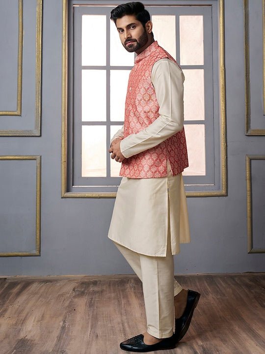Pink Woven-Design Mandarin Collar Nehru Jacket - Inddus.com