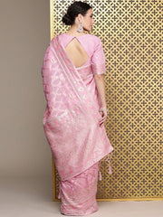 Pink Woven Design Zari Linen Blend Banarasi Saree - Inddus.com