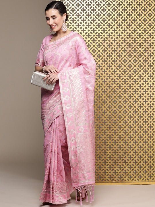 Pink Woven Design Zari Linen Blend Banarasi Saree - Inddus.com