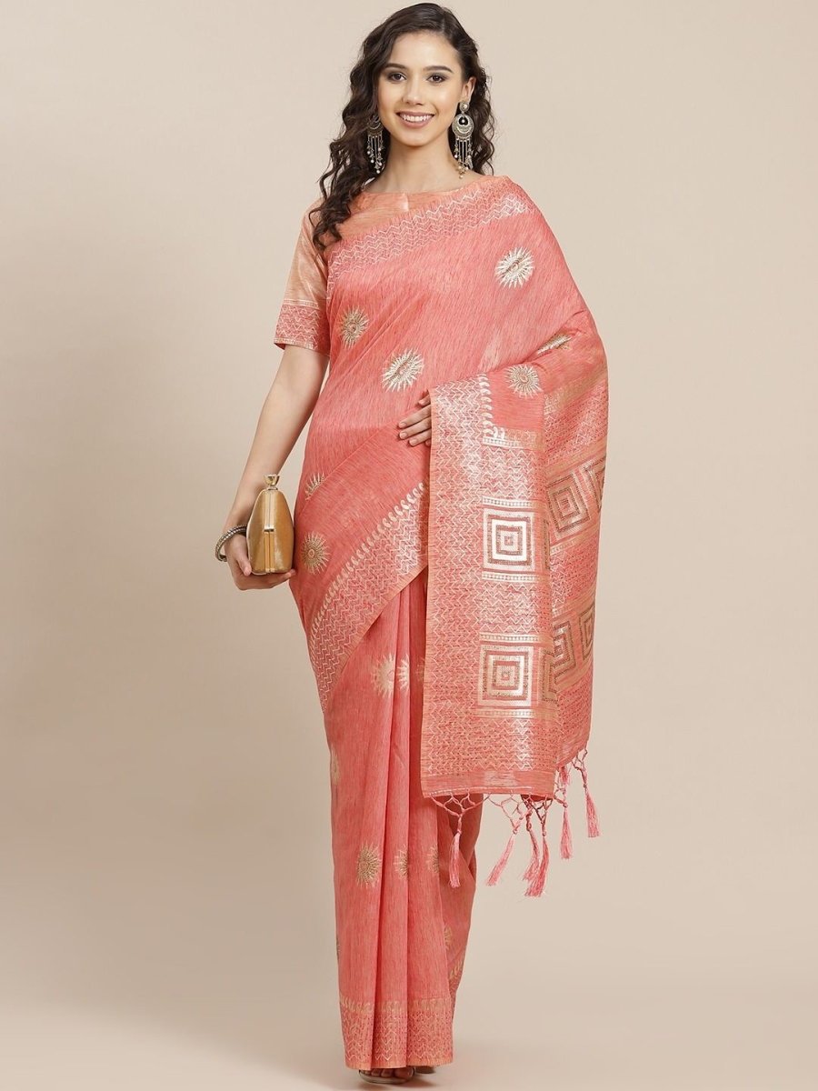 Pink Woven Embellished Saree - inddus-us