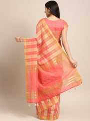 Pink & Yellow Cotton Blend Checked Saree - inddus-us