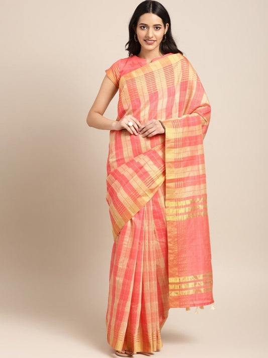 Pink & Yellow Cotton Blend Checked Saree - inddus-us