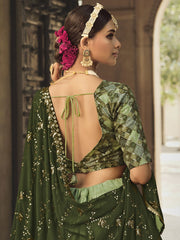 Pista Green and Olive Green Silk Embroidered Lehenga Choli - Inddus.com