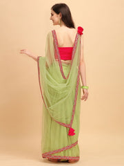 Pista Green Lace Embroidered Net Saree with Blouse - inddus-us