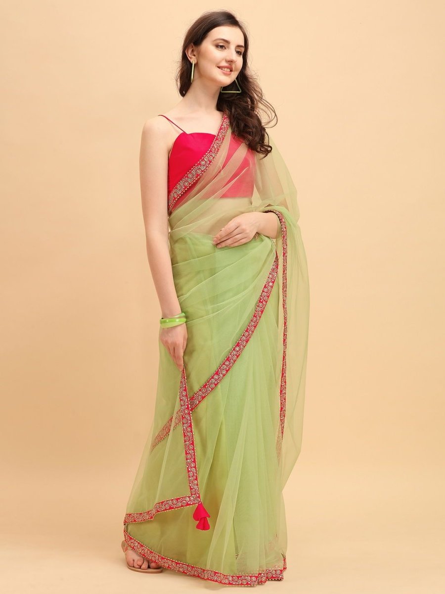 Pista Green Lace Embroidered Net Saree with Blouse - inddus-us