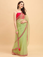 Pista Green Lace Embroidered Net Saree with Blouse - inddus-us
