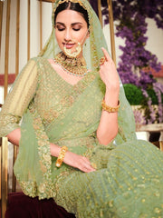 Pista Green Net Wedding Lehenga Choli - Inddus.com