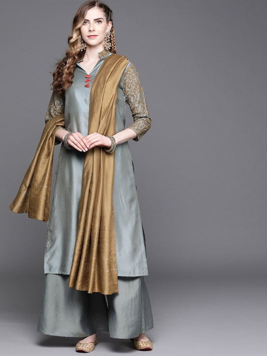 Powder Blue Embroidered Kurta with Palazzo and Dupatta - Inddus.com
