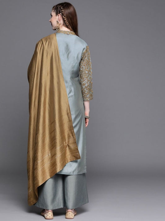 Powder Blue Embroidered Kurta with Palazzo and Dupatta - Inddus.com